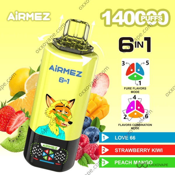 Airmez Fox 140000 Love 66 Strawberry Kiwi Peach Mango Flavor Combination Disposable Vape