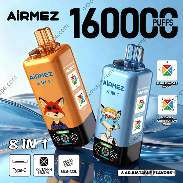 Airmez Fox 160000 Puffs 8-in-1 フレーバースイッチングシステムとメッシュコイルを備えた使い捨てベープ