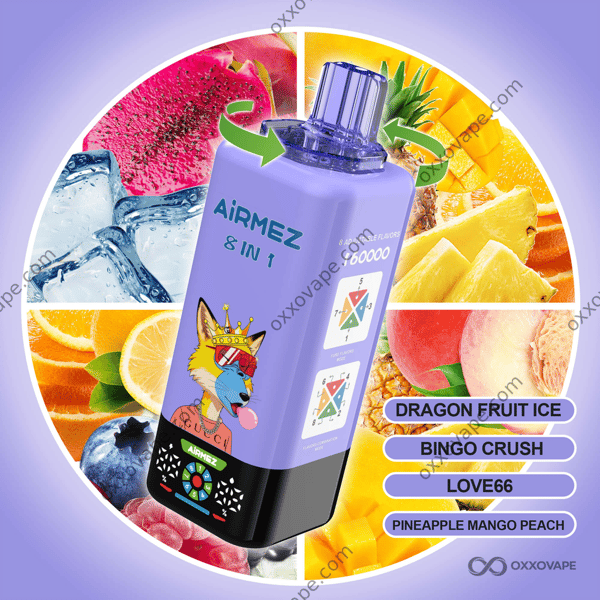 Airmez Fox 160000 Set 7 — Dragon Fruit Ice, Bingo Crush, Love 66, Pineapple Mango Peach disposable vape