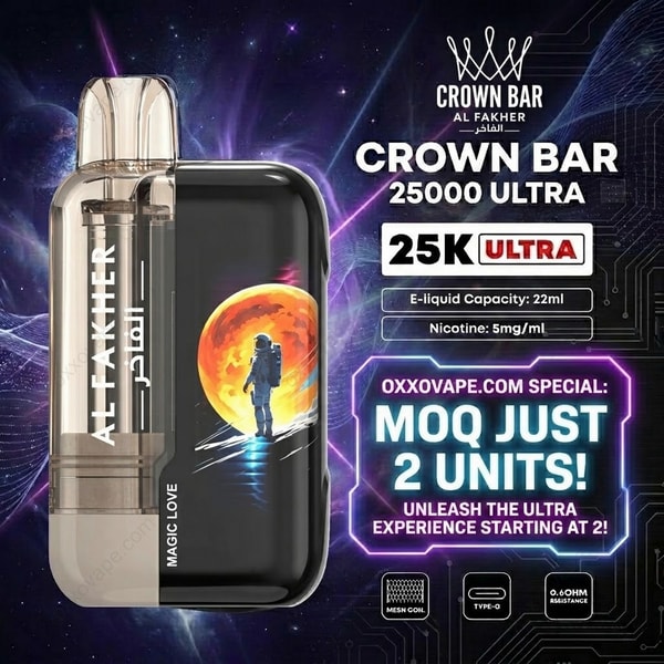 Al Fakher Crown Bar 25000 Ultra Einweg-Vape-Gerät mit elegantem Design, hochwertiger Verpackung und Mindestbestellmenge für Doppelpackungen.