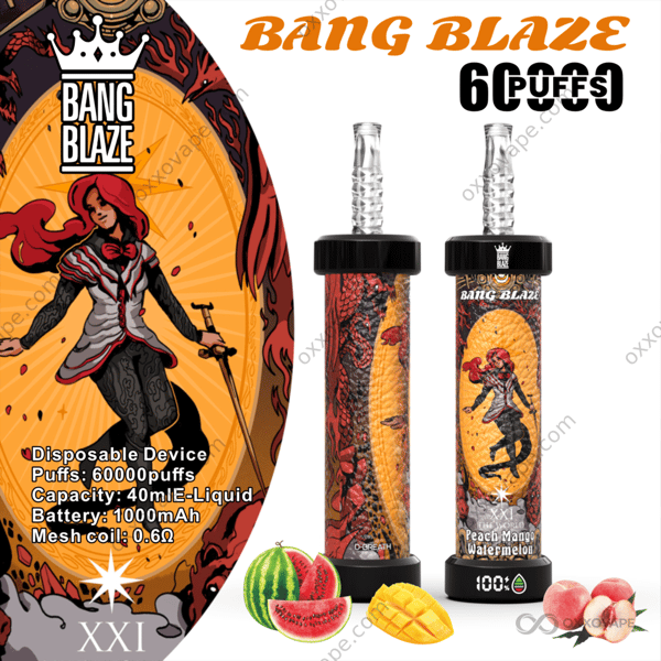 Bang Blaze 60000 trekjes Perzik Mango Watermeloen wegwerpvape met tropische fruitmix-smaak