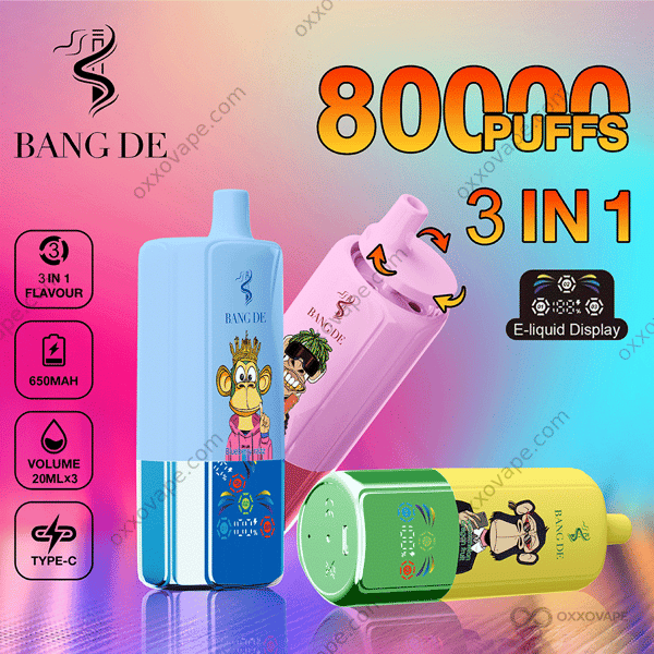 Système de dosettes Bang DE 80000 80K Puffs avec bobine à triple maille et écran LED indiquant les niveaux de batterie et d'e-liquide