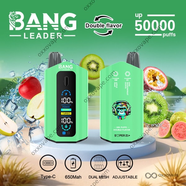 Bang Leader 50000 Einweg-Vape mit zwei Geschmacksrichtungen, Apfel, Birne und Kiwi, Passionsfrucht und Guave
