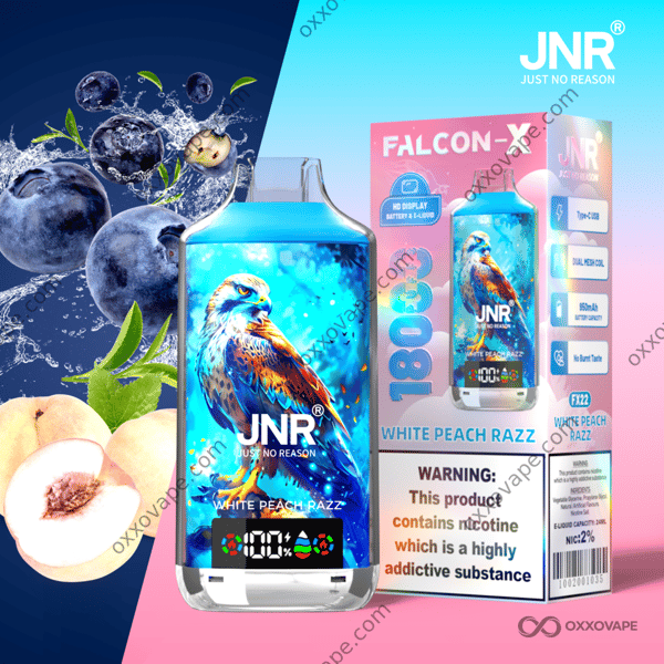 JNR Falcon X 18000 White Peach Razz flavour disposable vape 18000 puffs