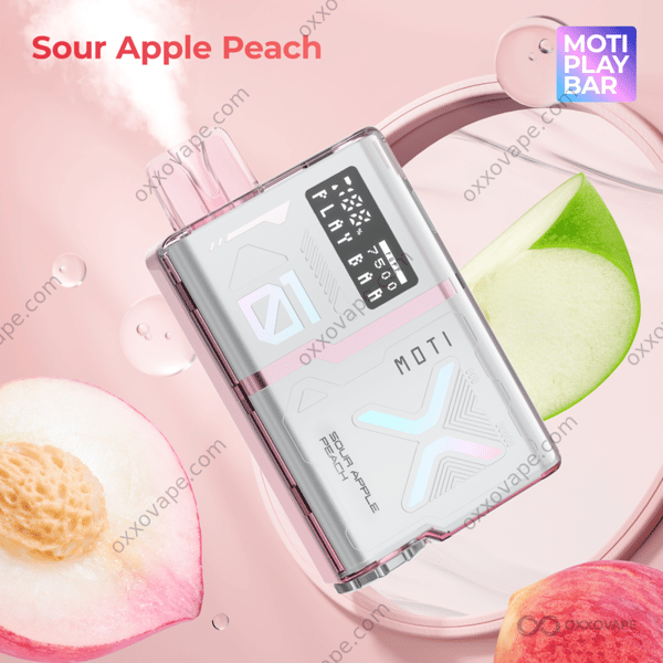 MOTI Play Bar 7500 Sour Apple Peach disposable vape 7500 puffs tangy fruit flavor