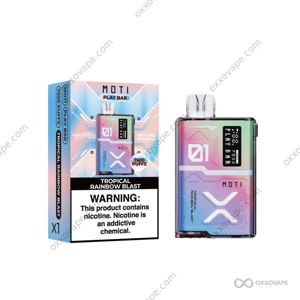 MOTI Play Bar 7500 Tropical Rainbow Blast disposable vape 7500 puffs exotic fruit flavor