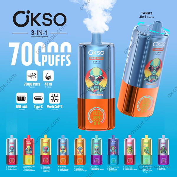OKSO 70000 パフ 3-in-1 使い捨てベープ、スマート LED ディスプレイとトリプルメッシュコイル付き
