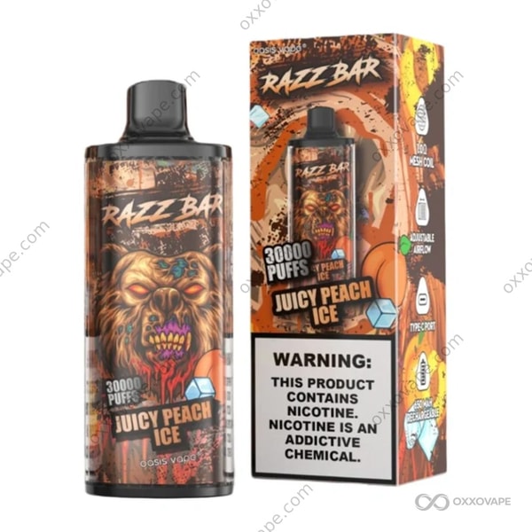 Razz Bar 30000 Juicy Peach Ice flavor disposable vape — sun-ripened peach with menthol ice