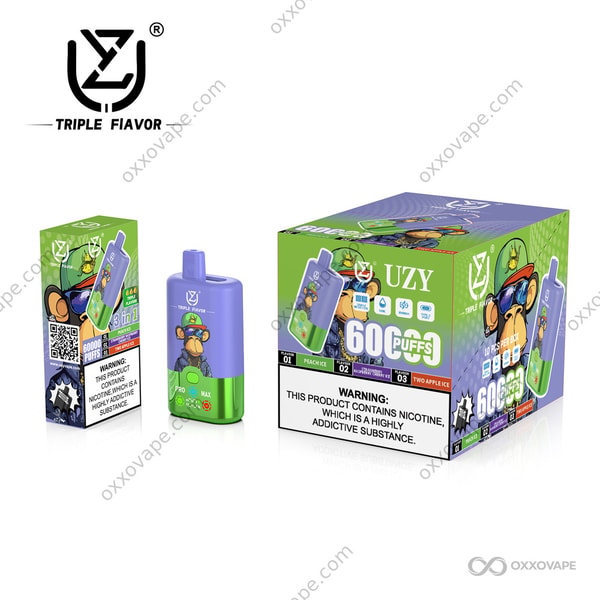 UZY Triple Flavor 60000 Puffs Vape Peach Ice Strawberry Raspberry Cherry Ice Two Apple Ice Flavor
