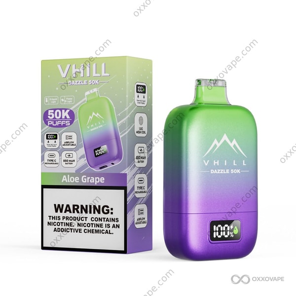 VHILL Dazzle 50000 Aloe Grape flavor device with cool green and purple gradient packaging design