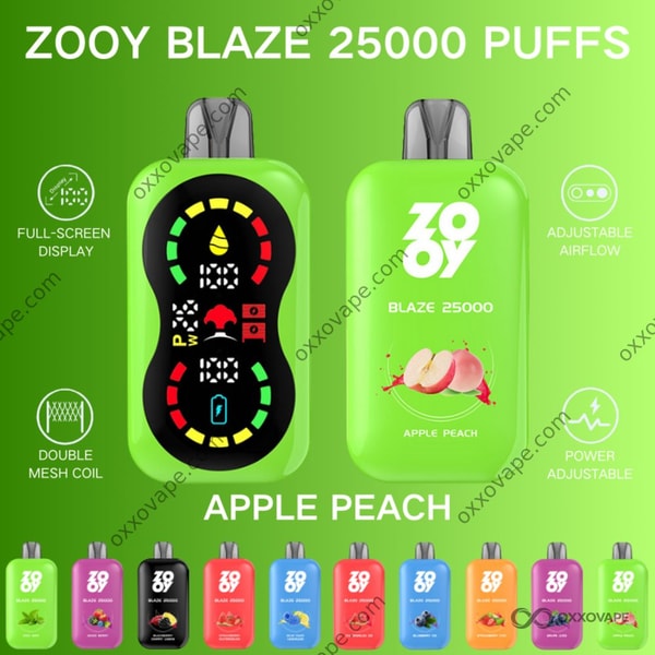 ZOOY Blaze 25000 Apple Peach flavor disposable vape packaging in warm green and peach tones