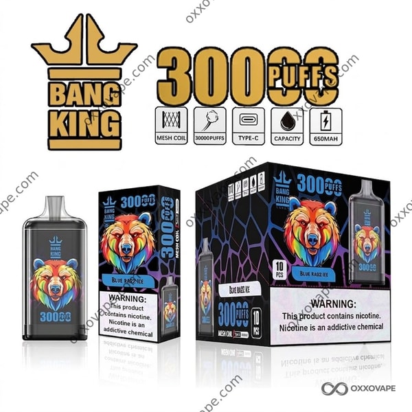El vape disponible 30K de Bang King Crystal 30000 Blue Razz Ice sopla mentol helado