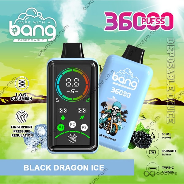 Bang 36000 Power Black Dragon Ice flavor disposable vape with dark dramatic packaging and icy graphic elements