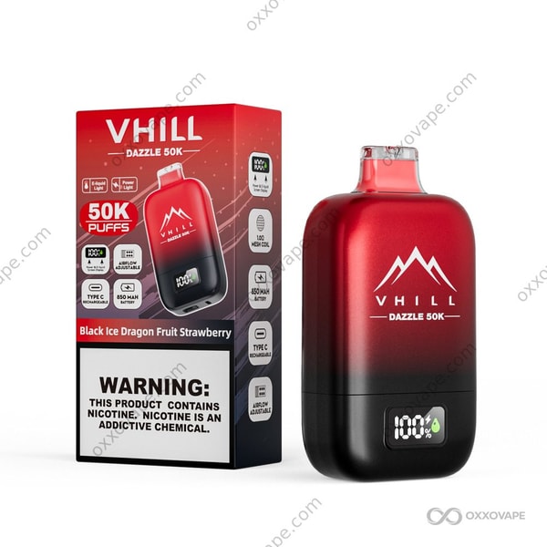 VHILL Dazzle 50000 Black Ice Dragon Fruit Strawberry with dark black and pink dramatic packaging design