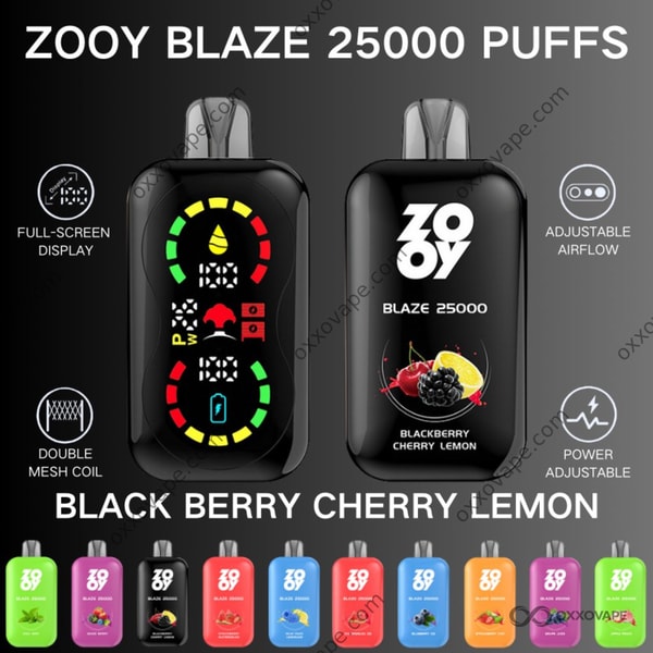 ZOOY Blaze 25000 Blackberry Cherry Lemon flavor vape packaging in deep purple and yellow tones