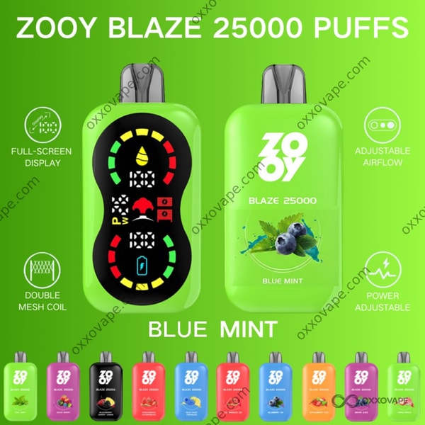 ZOOY Blaze 25000 Blue Mint flavor disposable vape packaging in cool blue and white with mint leaf accents