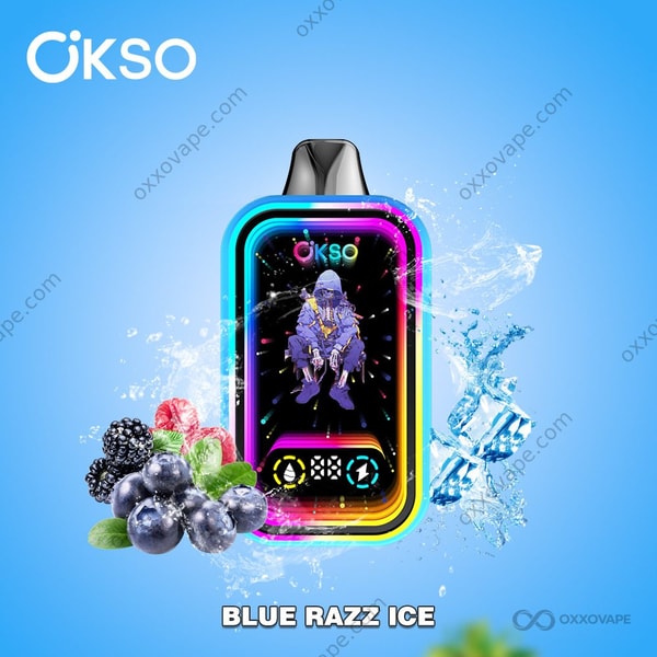 OKSO Magic Mirror 50000 Blue Razz Ice wegwerpvapeverpakking met elektrisch blauwe en ijzige designaccenten