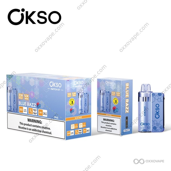 OKSO Switch Kit 50K Blue Razz Pod in elektrischer blauer Verpackung mit kräftiger Himbeergrafik und würzigem Geschmacks-Branding