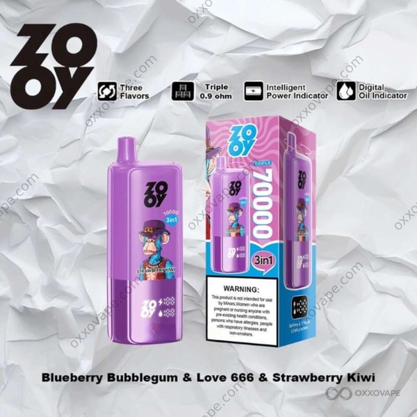 ZOOY Triple 70000 Blueberry Bubblegum Love 666 Strawberry Kiwi ízű csomagolás játékos rózsaszín és lila dizájnnal