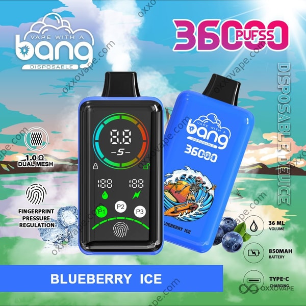 Bang 36000 Power Blueberry Ice flavor disposable vape with cool blue icy-themed device body design