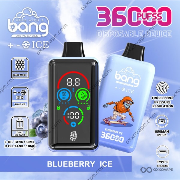 Bang 36000 Ice Level Blueberry Ice flavor packaging with dark blue and white frost-themed design