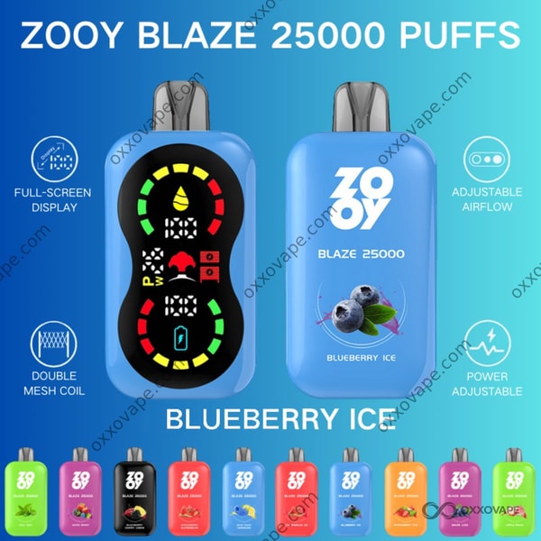 ZOOY Blaze 25000 Blueberry Ice flavor vape packaging in deep blue with icy frost design elements
