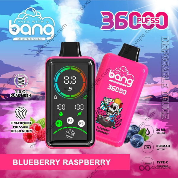 Bang 36000 Power Blueberry Raspberry flavor disposable vape with deep blue and red berry-themed device finish