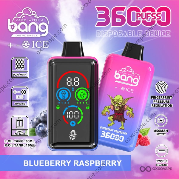 Bang 36000 Ice Level Blueberry Raspberry flavor packaging in deep blue and red berry-themed design