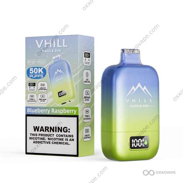 VHILL Dazzle 50000 Blueberry Raspberry flavor packaging showing deep blue and purple color scheme
