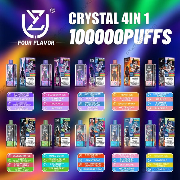 UZY Crystal 100000 side and bottom detail showing Type-C charging port, flavor switch button, and 60mL four-tank reservoir system