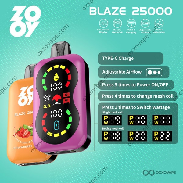 ZOOY Blaze 25000 disposable vape front view showing full screen display and sleek body design