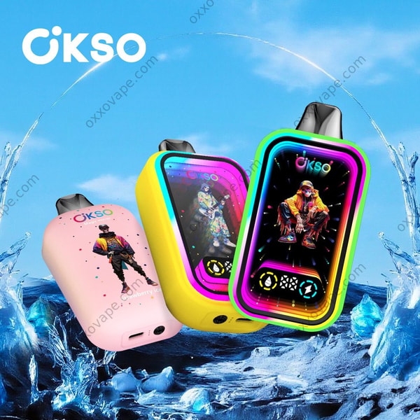 OKSO Magic Mirror 50000 bouffées de vape jetable vue de face montrant le corps poli miroir et l'éclairage LED RVB