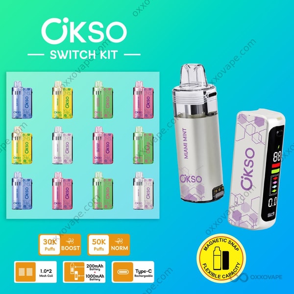 OKSO Switch Kit 50K-Seiten- und Basisdetail mit Typ-C-Ladeanschluss, einstellbarem Luftstromschlitz und wiederverwendbarer 1000-mAh-Batteriebasis