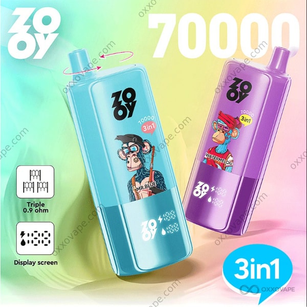 ZOOY Triple 70000 vape side and bottom view showing Type-C charging port and three-cartridge e-liquid chamber layout