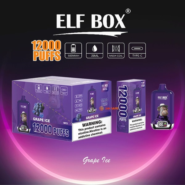 Vape desechable ELF BOX Digital 12000 Grape Ice: uva profunda con mentol helado