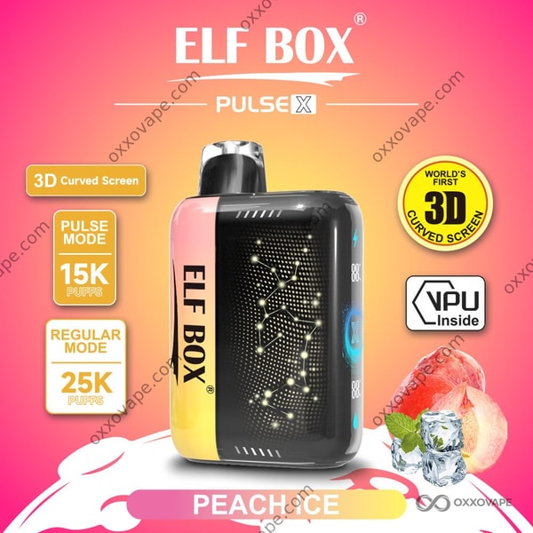 ELF BOX Pulse X 25000 Peach Ice flavor disposable vape with dual mesh coil and smart screen