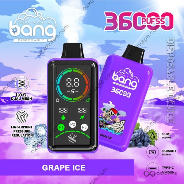 Bang 36000 Power Grape Ice flavor disposable vape with deep purple grape-themed device body and icy accents