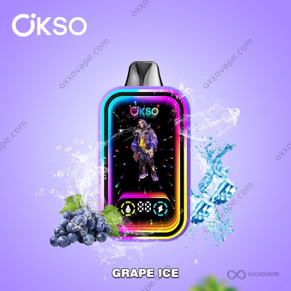 OKSO Magic Mirror 50000 Grape Ice wegwerp vape-pakket met dieppaarse druiven- en ijsblauwe designelementen