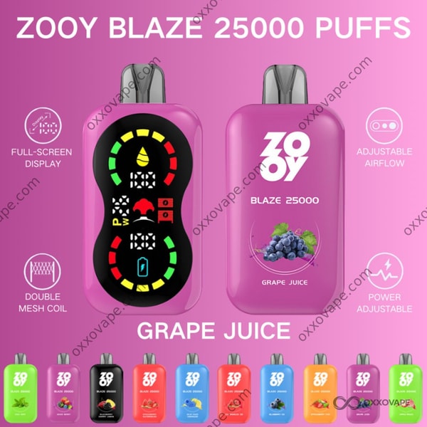 ZOOY Blaze 25000 Grape Juice flavor disposable vape packaging in rich purple with grape cluster design