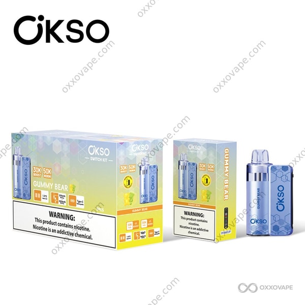 OKSO Switch Kit 50K Gummibärchen-Pod-Verpackung mit farbenfrohem Multi-Früchte-Bonbon-Design und verspielten Gummibärchen-Grafiken