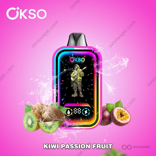 OKSO Magic Mirror 50000 Kiwi Passievrucht wegwerpvapeverpakking met tropisch groene en goudgele designtinten