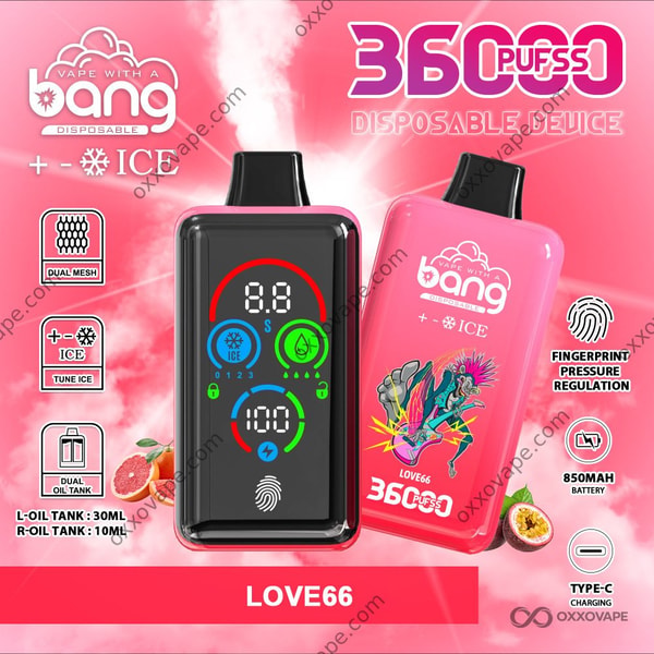 Bang 36000 Ice Level Love 66 flavor packaging with vibrant pink and purple fruity design