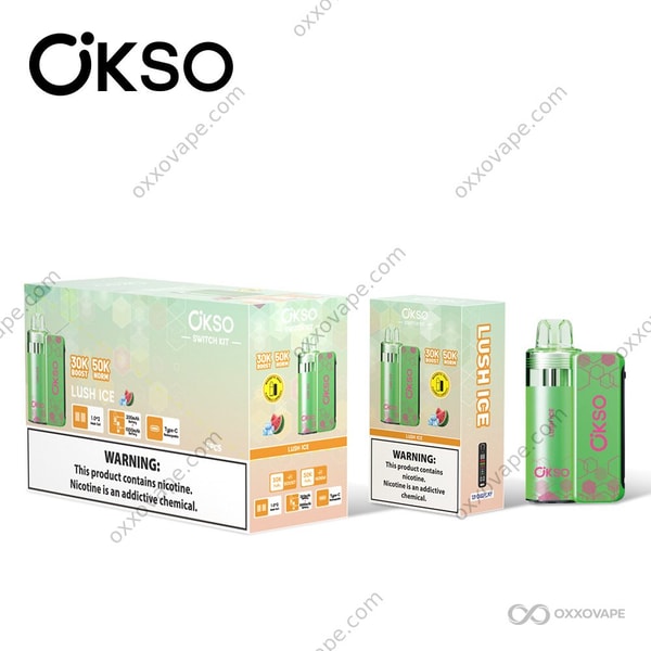 OKSO Switch Kit 50K Lush Ice pod in light green and white packaging with watermelon slice graphic and strong menthol frost overlay