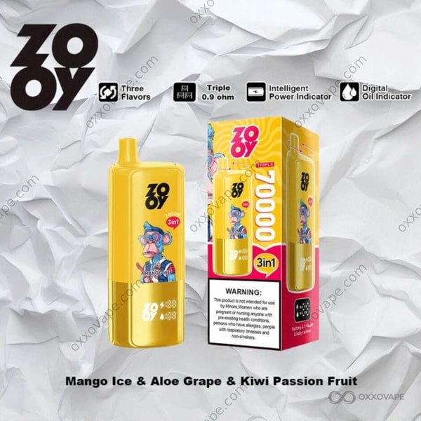 ZOOY Triple 70000 Mango Ice Aloe Grape Kiwi Passion Fruit packaging with tropical orange green and soft purple tones
