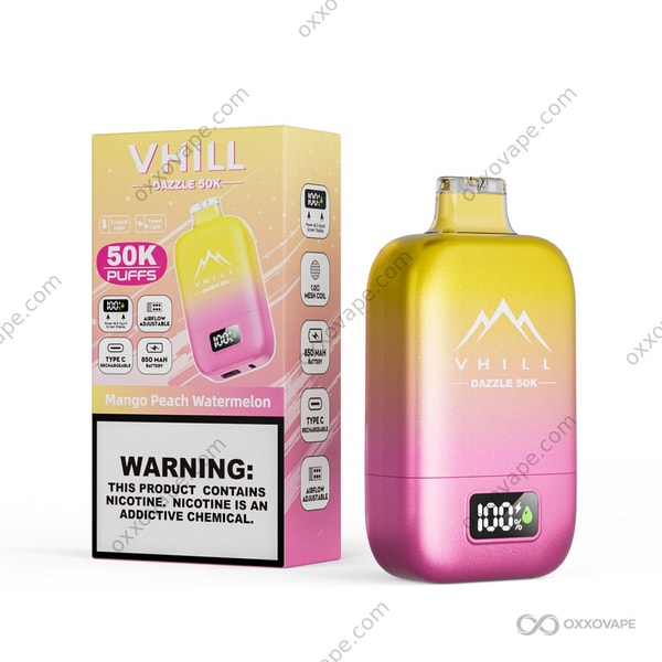 VHILL Dazzle 50000 Mango Peach Watermelon flavor with tropical orange pink and green packaging gradient