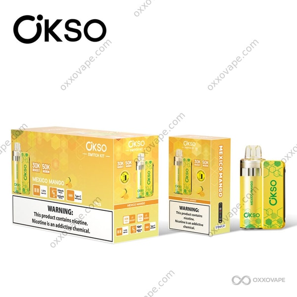 OKSO Switch Kit 50K Mexico Mango flavor pod with vibrant tropical mango-themed packaging in golden yellow tones