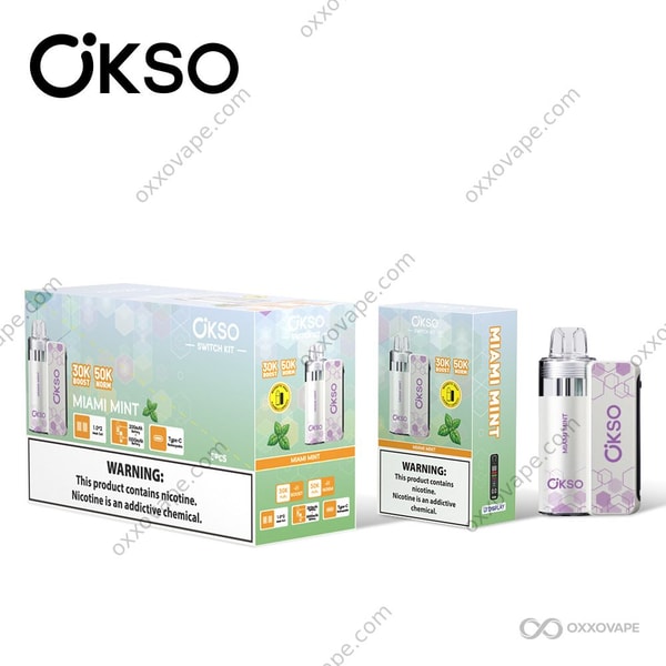 OKSO Switch Kit 50K Miami Mint pod in cool aqua-white packaging with icy mint leaf graphics and frost design elements