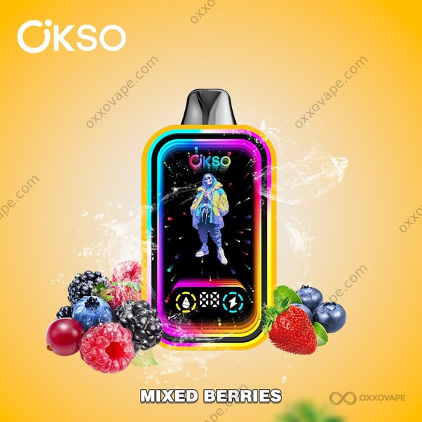 OKSO Magic Mirror 50000 Mixed Berries wegwerp vape-pakket met veelkleurig bessenmixontwerp in paarsblauw en rood