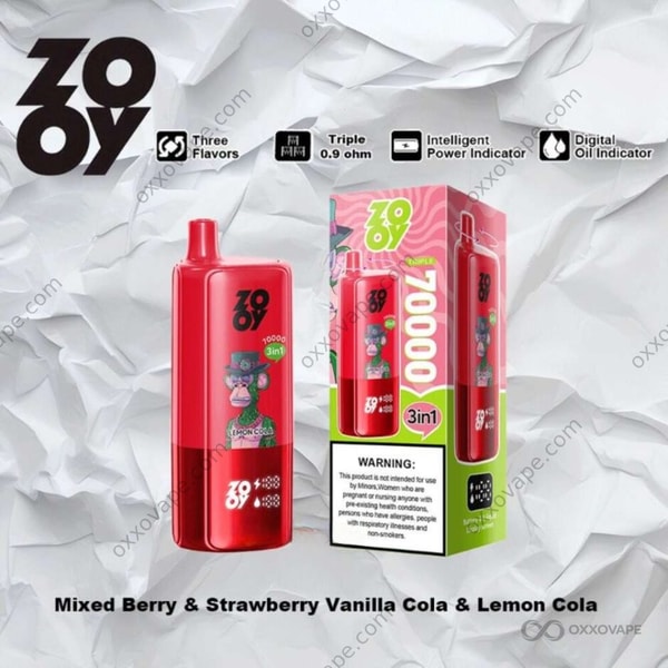 ZOOY Triple 70000 Mixed Berry Strawberry Vanilla Cola Lemon Cola packaging with berry purple and cola brown tones