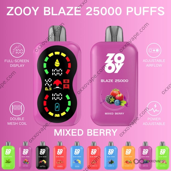 ZOOY Blaze 25000 Mixed Berry flavor disposable vape packaging with multi-tone purple and blue berry design